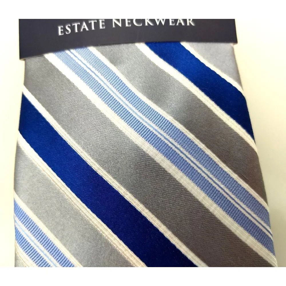 CLUB‎ ROOM 100% Silk Tie Estate Neckwear Seven Stripe Blue White Silver NWT